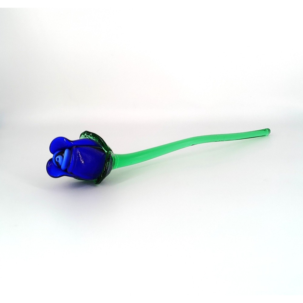 Vintage Murano Style Glass Blown Long Stem 13-3/4" Blue Glass Rose - Picture 1 of 9